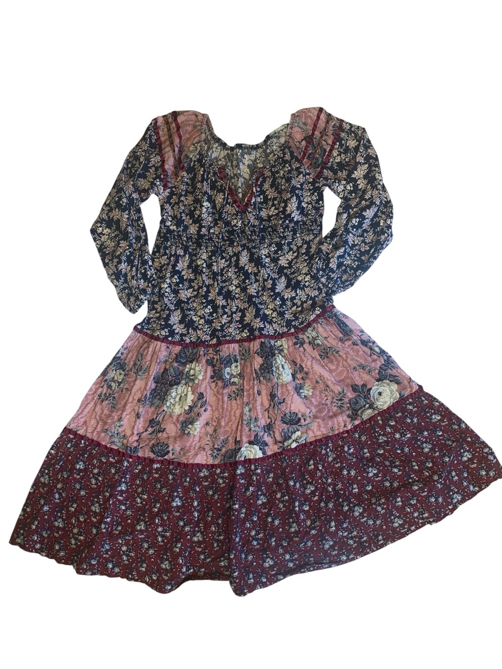 Vintage 70’s cotton Bohemian Boho burgundy black blush floral tiered midi dress
